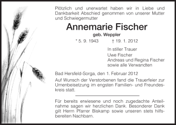 Traueranzeige von Annemarie Fischer von HERSFELDER ZEITUNG