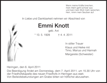 Traueranzeige von Emmi Knott von HERSFELDER ZEITUNG