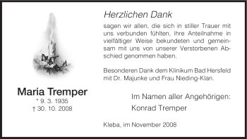 Traueranzeige von Maria Tremper von HERSFELDER ZEITUNG