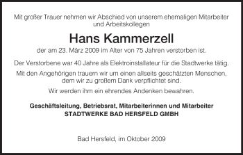 Traueranzeige von Hans Kammerzell von HERSFELDER ZEITUNG