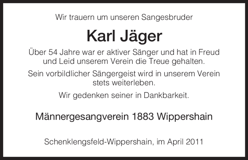  Traueranzeige für Karl Jäger vom 14.04.2011 aus HERSFELDER ZEITUNG
