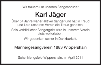 Traueranzeige von Karl Jäger von HERSFELDER ZEITUNG