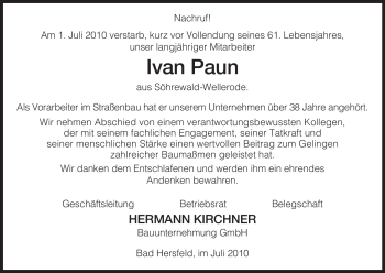 Traueranzeige von Ivan Paun von HERSFELDER ZEITUNG
