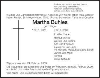 Traueranzeige von Martha Buhles von HERSFELDER ZEITUNG