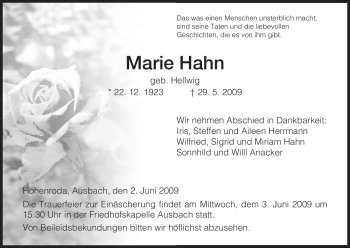 Traueranzeige von Maria Hahn von HERSFELDER ZEITUNG