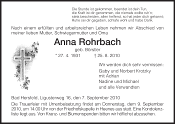 Traueranzeige von Anna Rohrbach von HERSFELDER ZEITUNG