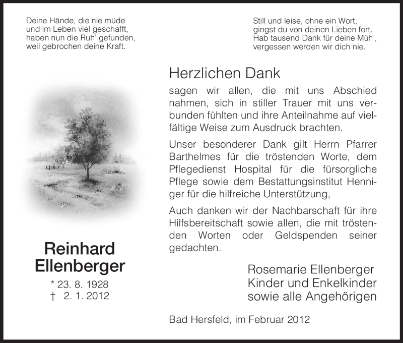  Traueranzeige für Reinhard Ellenberger vom 11.02.2012 aus HERSFELDER ZEITUNG