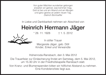 Traueranzeige von Heinrich Hermann Jäger von HERSFELDER ZEITUNG