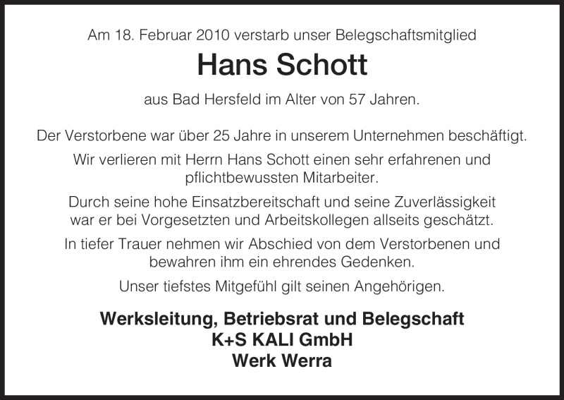  Traueranzeige für Hans Schott vom 25.02.2010 aus HERSFELDER ZEITUNG