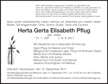 Traueranzeige von Herta Gerta Elisabeth Pflug von HERSFELDER ZEITUNG