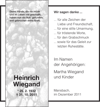 Traueranzeige von Heinrich Wiegand von HERSFELDER ZEITUNG
