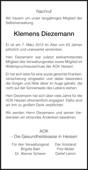 Traueranzeige von Klemens Diezemann von HERSFELDER ZEITUNG