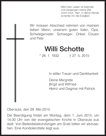 Traueranzeige von Willi Schotte von Hersfeld