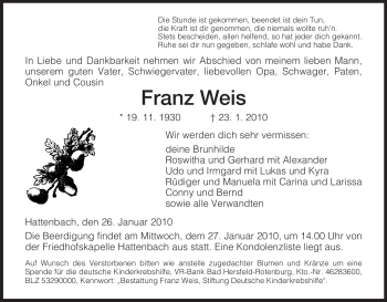 Traueranzeige von Franz Weis von HERSFELDER ZEITUNG