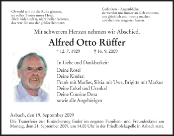 Traueranzeige von Alfred Otto Rüffer von HERSFELDER ZEITUNG