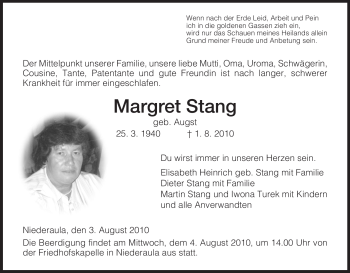 Traueranzeige von Margret Stang von HERSFELDER ZEITUNG