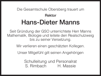Traueranzeige von Hans-Dieter Manns von HERSFELDER ZEITUNG