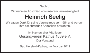 Traueranzeige von Heinrich Seelig von HERSFELDER ZEITUNG