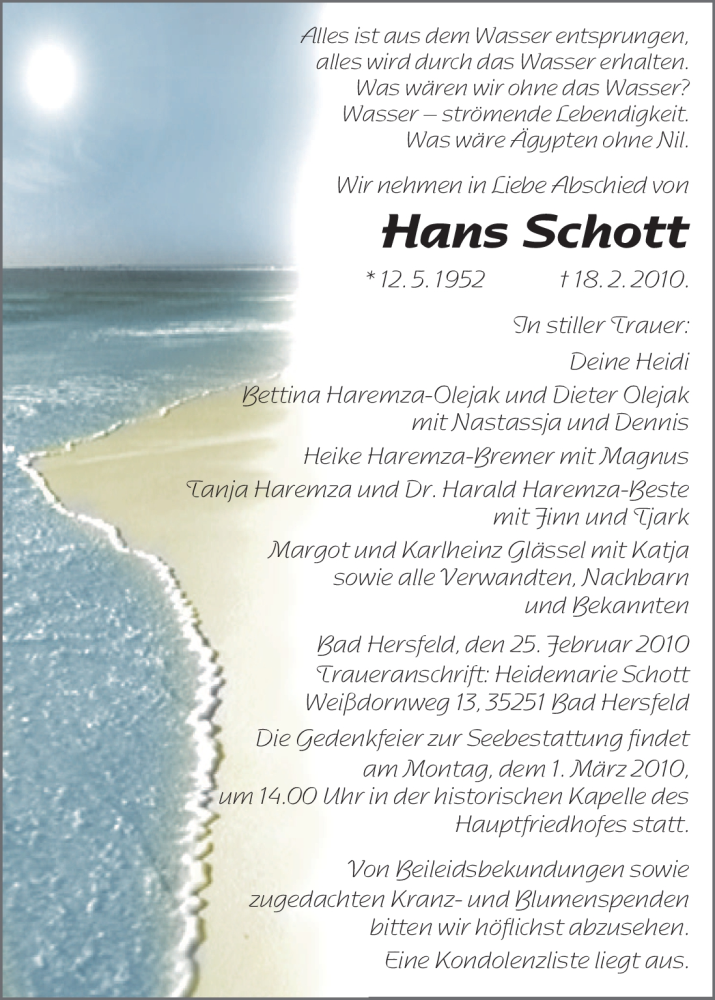  Traueranzeige für Hans Schott vom 25.02.2010 aus HERSFELDER ZEITUNG