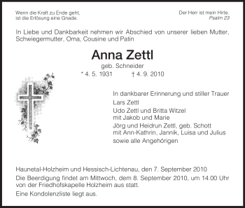 Traueranzeige von Anna Zettl von HERSFELDER ZEITUNG