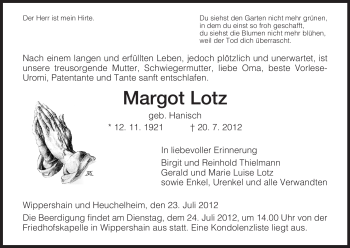 Traueranzeige von Margot Lotz von HERSFELDER ZEITUNG