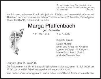 Traueranzeige von Marga Pfaffenbach von HERSFELDER ZEITUNG