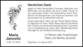 Traueranzeige von Maria Janowitz von HERSFELDER ZEITUNG