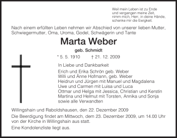 Traueranzeige von Marta Weber von HERSFELDER ZEITUNG