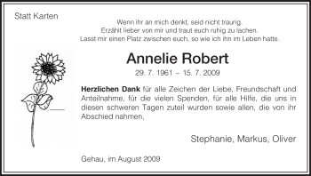 Traueranzeige von Annelie Robert von HERSFELDER ZEITUNG