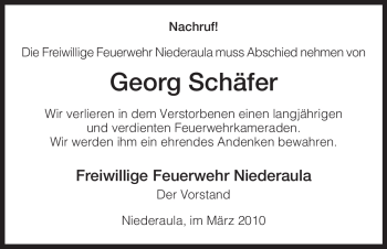 Traueranzeige von Georg Schäfer von HERSFELDER ZEITUNG