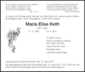 Traueranzeige von Maria Elise Keth von HERSFELDER ZEITUNG