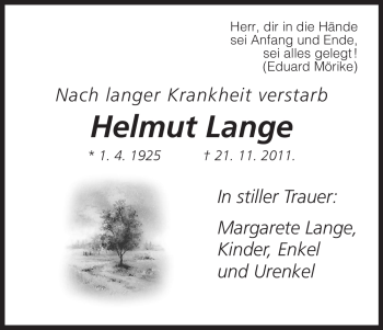 Traueranzeige von Helmut Lange von HERSFELDER ZEITUNG