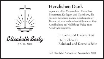 Traueranzeige von Elisabeth Seitz von HERSFELDER ZEITUNG