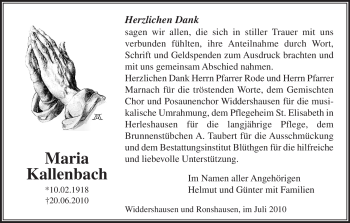 Traueranzeige von Maria Kallenbach von HERSFELDER ZEITUNG
