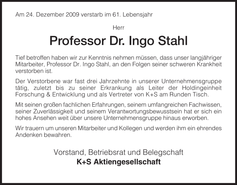  Traueranzeige für Ingo Stahl vom 29.12.2009 aus HERSFELDER ZEITUNG