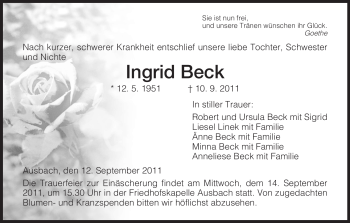 Traueranzeige von Ingrid Beck von HERSFELDER ZEITUNG