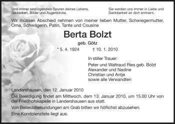 Traueranzeige von Berta Bolzt von HERSFELDER ZEITUNG