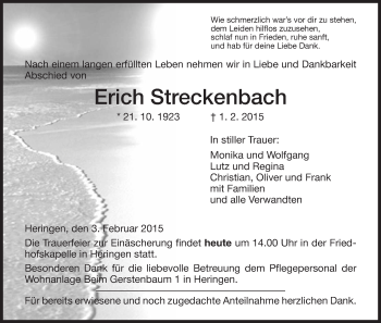 Traueranzeige von Erich Streckenbach von Hersfeld
