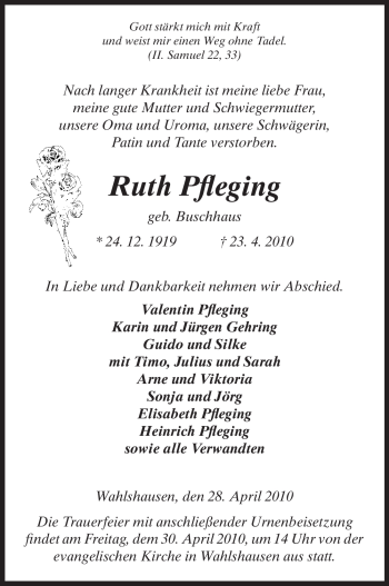 Traueranzeige von Ruth Pfleging von HERSFELDER ZEITUNG