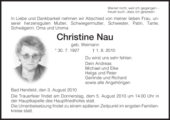 Traueranzeige von Christine Nau von HERSFELDER ZEITUNG