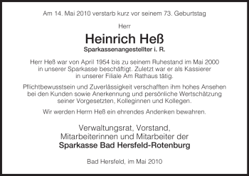 Traueranzeige von Heinrich Heß von HERSFELDER ZEITUNG