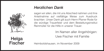 Traueranzeige von Helga Fischer von HERSFELDER ZEITUNG