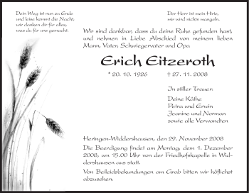 Traueranzeige von Erich Eitzeroth von HERSFELDER ZEITUNG