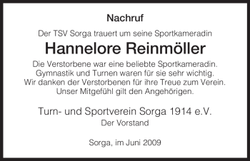 Traueranzeige von Hannelore Reinmöller von HERSFELDER ZEITUNG