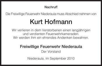 Traueranzeige von Kurt Hofmann von HERSFELDER ZEITUNG