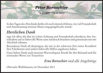 Traueranzeige von Peter Bornschier von HERSFELDER ZEITUNG