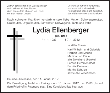 Traueranzeige von Lydia Ellenberger von HERSFELDER ZEITUNG