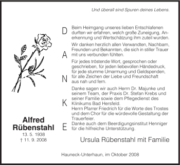 Traueranzeige von Alfred Rübenstahl von HERSFELDER ZEITUNG