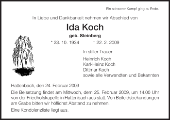 Traueranzeige von Ida Koch von HERSFELDER ZEITUNG