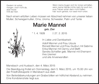 Traueranzeige von Marie Mannel von Hersfeld